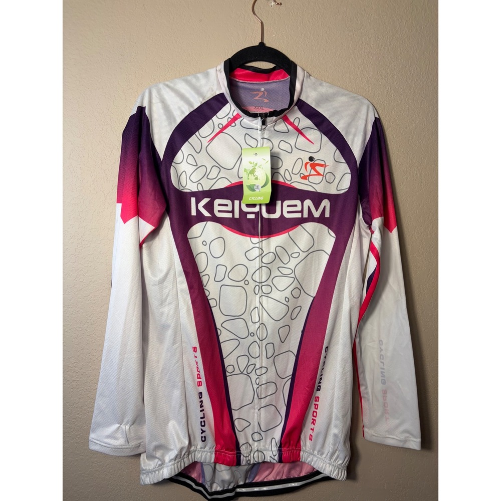 Keiyuem Long Sleeve Cycling Jersey Mens 3XL White Purple Pink Full Zip Bike Top